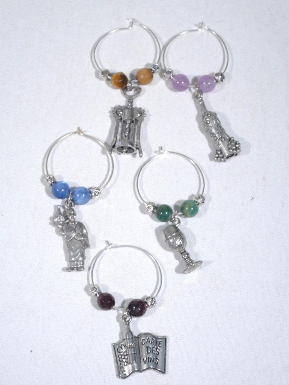 NEW PEWTER AND GEMSTONE WINE CHARMS, SET OF 5